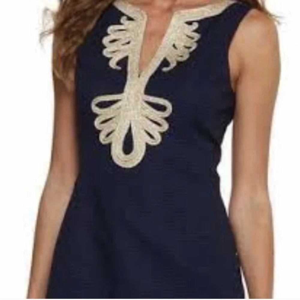 Lilly Pulitzer Navy Blue and Gold Shift Dress SZ 0